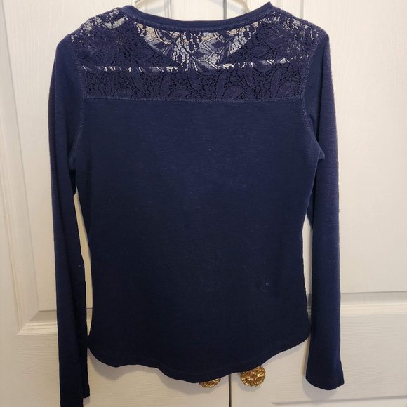 Cotton Navy Blue Long-Sleeve Henley with Lace Detail - Picture 2 of 3